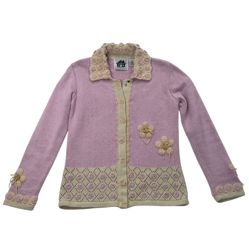 Storybook Knit Women's Cardigan Sweater XS Pastel Pink Croquette Grandmacore VTG